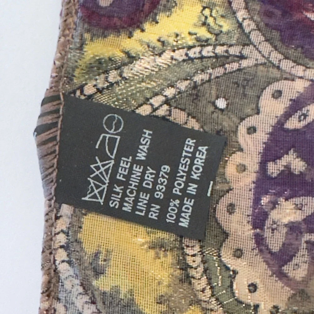 Vintage Paisley Sheer Square Scarf Purple‎ Gold Metallic Silk Feel Neckerchief